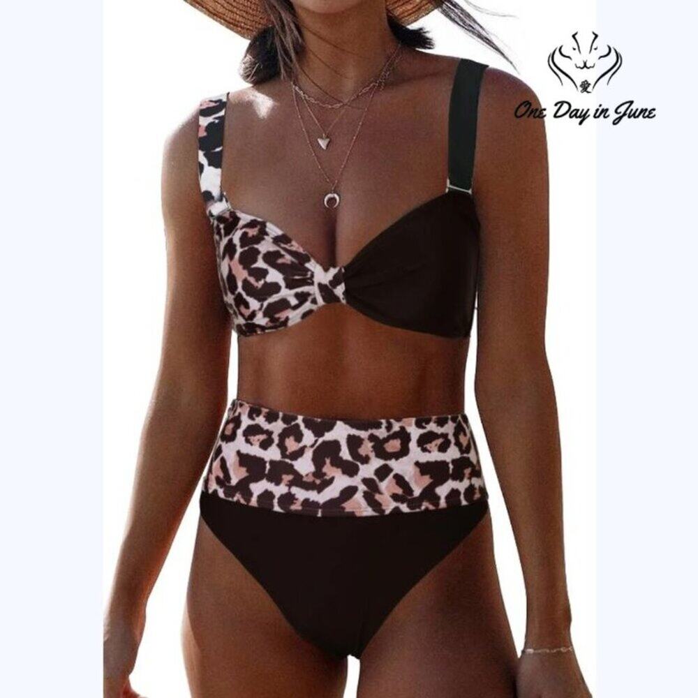 ODIJ Colorblock  Leapoard Knot Bikini Swimsuit Size L